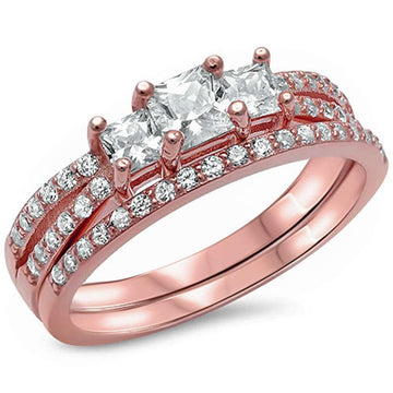 3 Stone Princess Cut Rose Tone, Simulated CZ Wedding Ring 925 Sterling Silver
